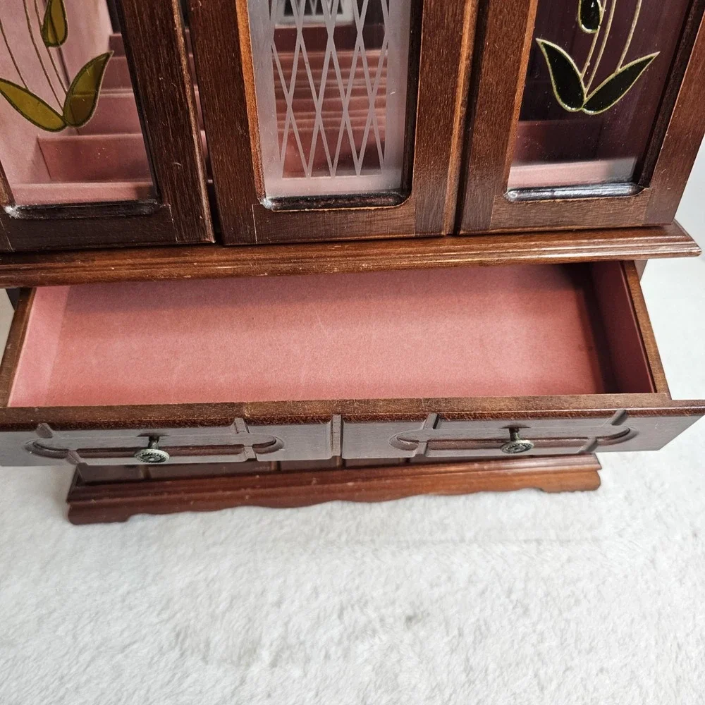 Vintage Wood 2 Door Jewelry Box Armoire Style Cabinet w Mirror Organizer Drawers